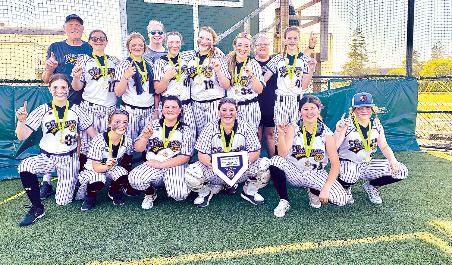 The Sabotage 14U fastpitch team won its tournament last weekend in Seaside, finishing first in a field of eight teams. It was Sabotage’s second time winning the tournament and second tournament championship in the month of June. Players pictured in the back row, from left: Coach Ken Sack, McKenna Smith, Brooklyn Sprague, Coach Kendra Wakefield, Hollynn Wakefield, Payton Baumel, Makenzie Erickson, Coach Shannon Baumel and Grace Pancake. In the front row, from left: Lyla Kirkpatrick, Lindsey Pinion, Jordyn Preston, Sopia Milanowski, Jordan Billie, and Olivia Friedley.